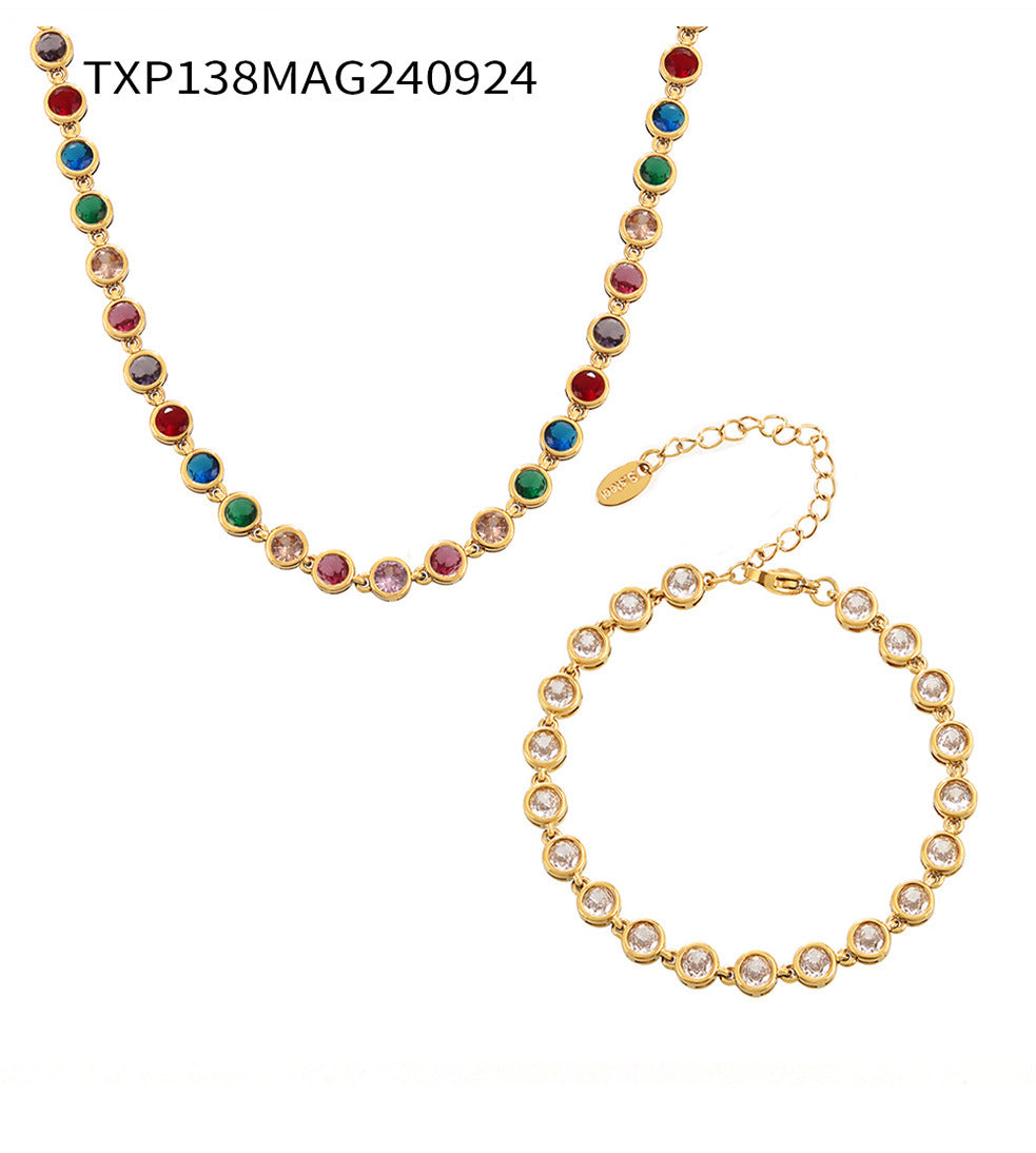 European and American Style Colorful Round Bead Zircon Necklace Bracelet Titanium Steel Pvd Plated 18K Gold Bohemian Super Flash Jewelry Set