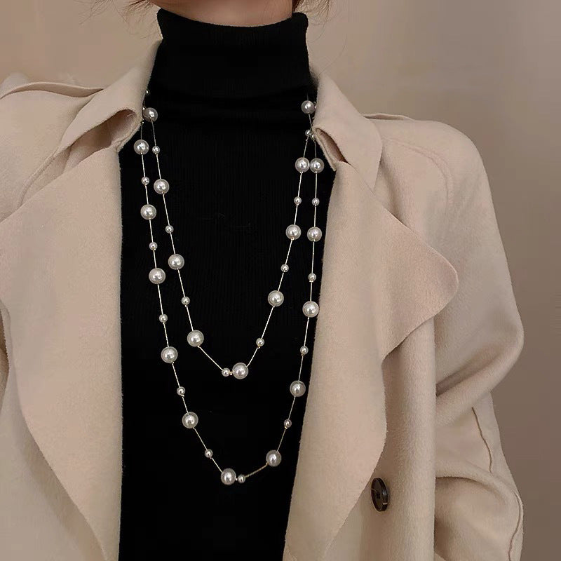 Light Luxury and High-End Multi-Layered Pearl Sweater Chain, Feminine, Simple, Long Autumn and Winter Necklace, Alloy Accessories, Jewelry