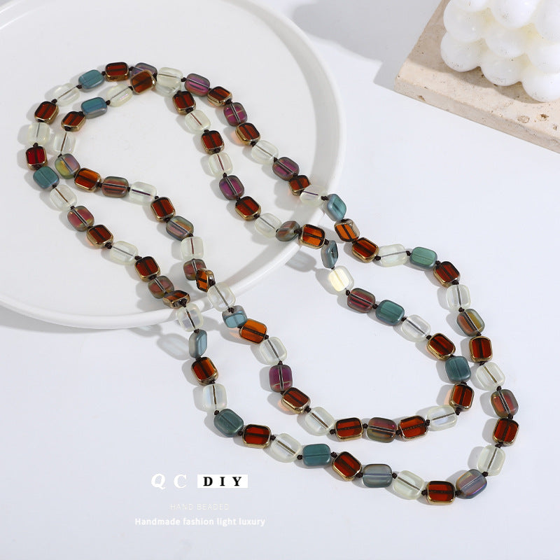 Personalized Simple Color Square Crystal Beaded Long Necklace Women's Retro Handmade Multi-layer Sweater Chain European and American New