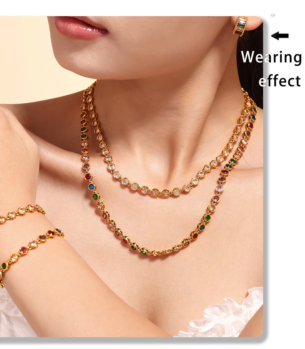 European and American Style Colorful Round Bead Zircon Necklace Bracelet Titanium Steel Pvd Plated 18K Gold Bohemian Super Flash Jewelry Set