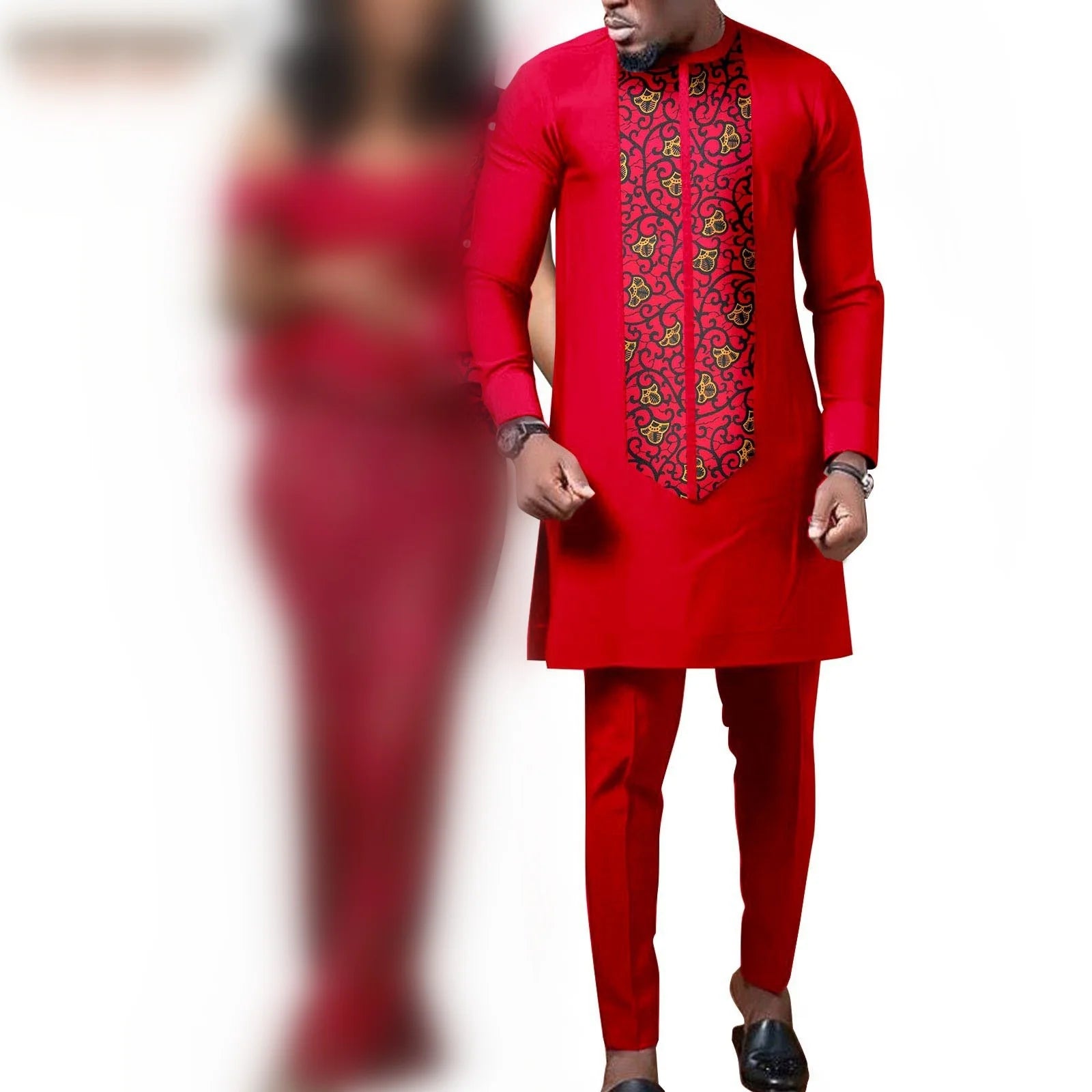 African Dresses for Women Match Bazin Lover Couple Clothes Print Mermaid Evening Dresses Men Outfits Shirt and Pant Sets Wedding