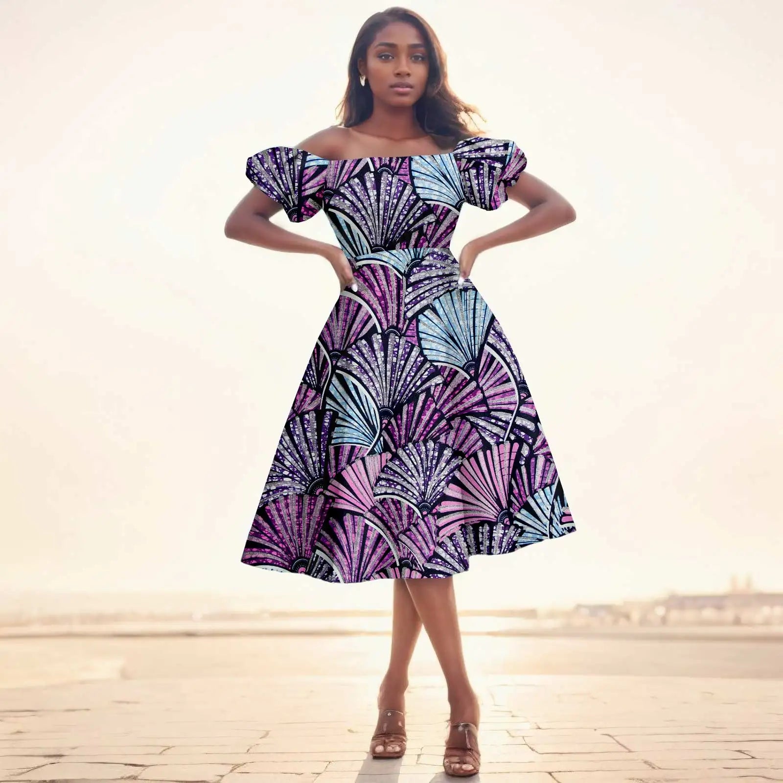 African Dresses for Women Short Sleeve High Waist Print Midi Dress Ankara Attire Traditional Outfit Elegant Fashion Wear 2425102