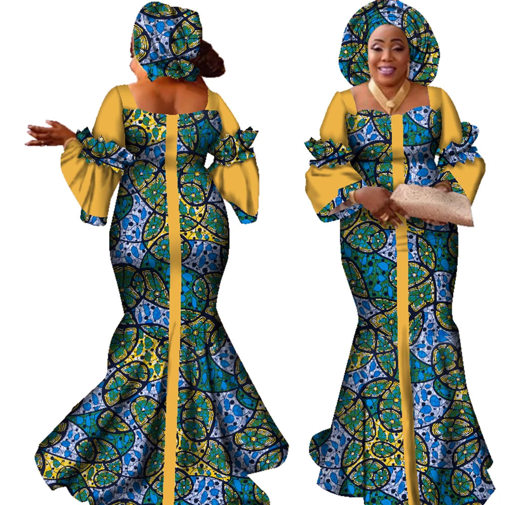 African Dresses for Women Fashion Design New African Bazin Fashion Design Dress Long Dress with Scarf African Clothes WY2347