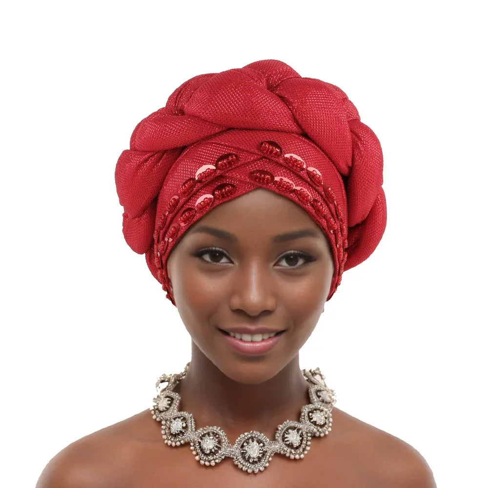 Auto Gele-Turban Africain pour Femme Musulmane, Cravate de Sauna, Chapeau Rond Plissé, Hijab Aso Oke NigWin, Foulard de Tête