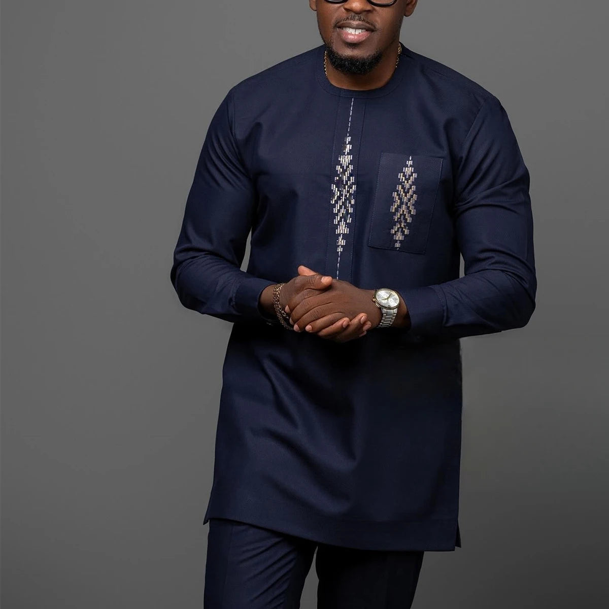 Vêtements pour hommes africains costume deux pièces pantalon ensemble col rond couture couleur unie manches longues Festival Style ethnique social