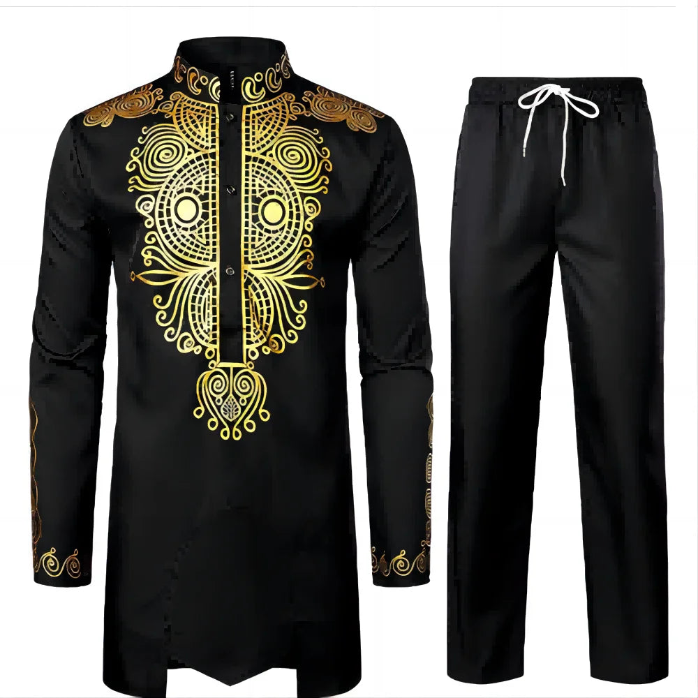 Chemise africaine à manches longues pour hommes, chemise à col chinois imprimé en métal doré, ensemble deux pièces pour Festival National traditionnel de mariage