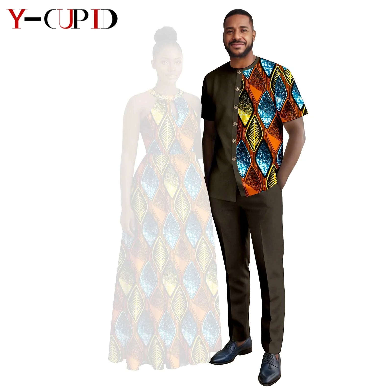 Robes africaines à imprimé Halter pour femmes, tenues assorties pour hommes, ensembles chemise et pantalon, vêtements de couple africains pour fête 26C005