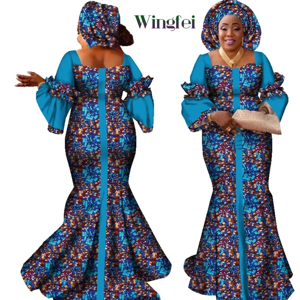 African Dresses for Women Fashion Design New African Bazin Fashion Design Dress Long Dress with Scarf African Clothes WY2347