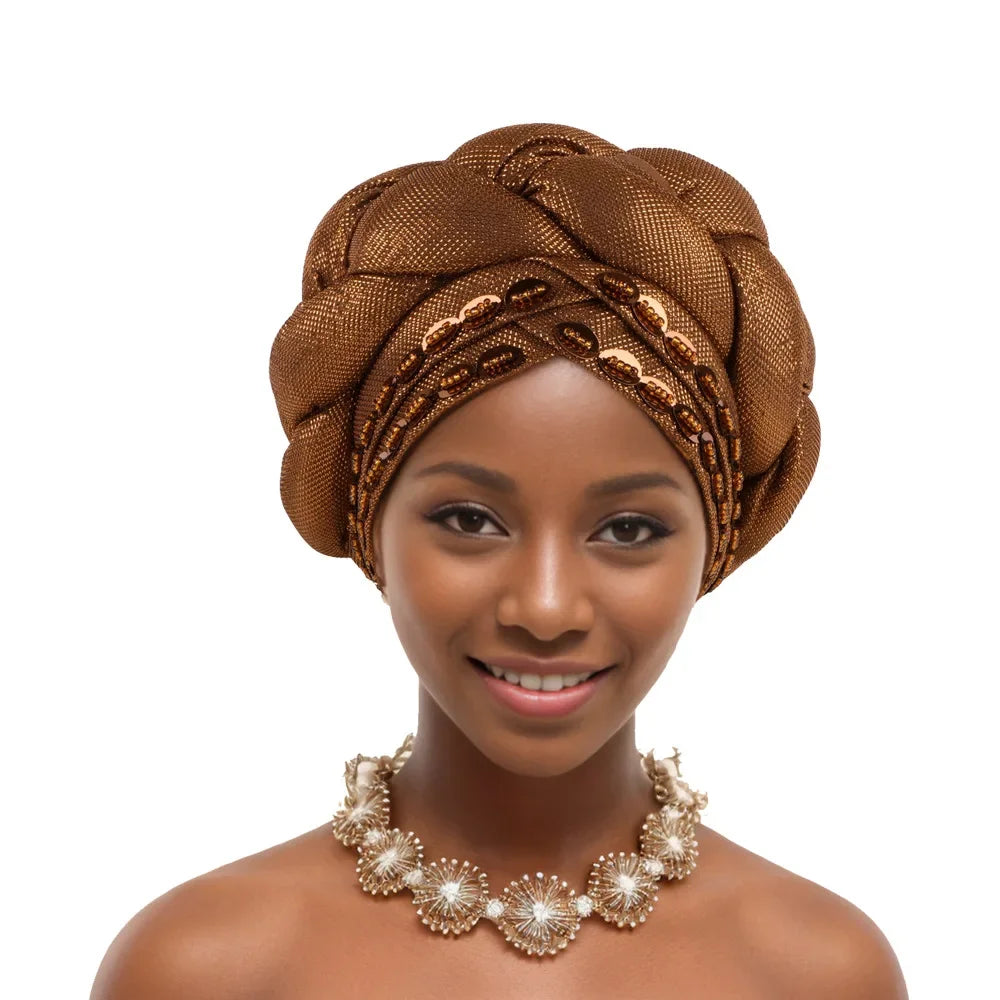 Auto Gele-Turban Africain pour Femme Musulmane, Cravate de Sauna, Chapeau Rond Plissé, Hijab Aso Oke NigWin, Foulard de Tête