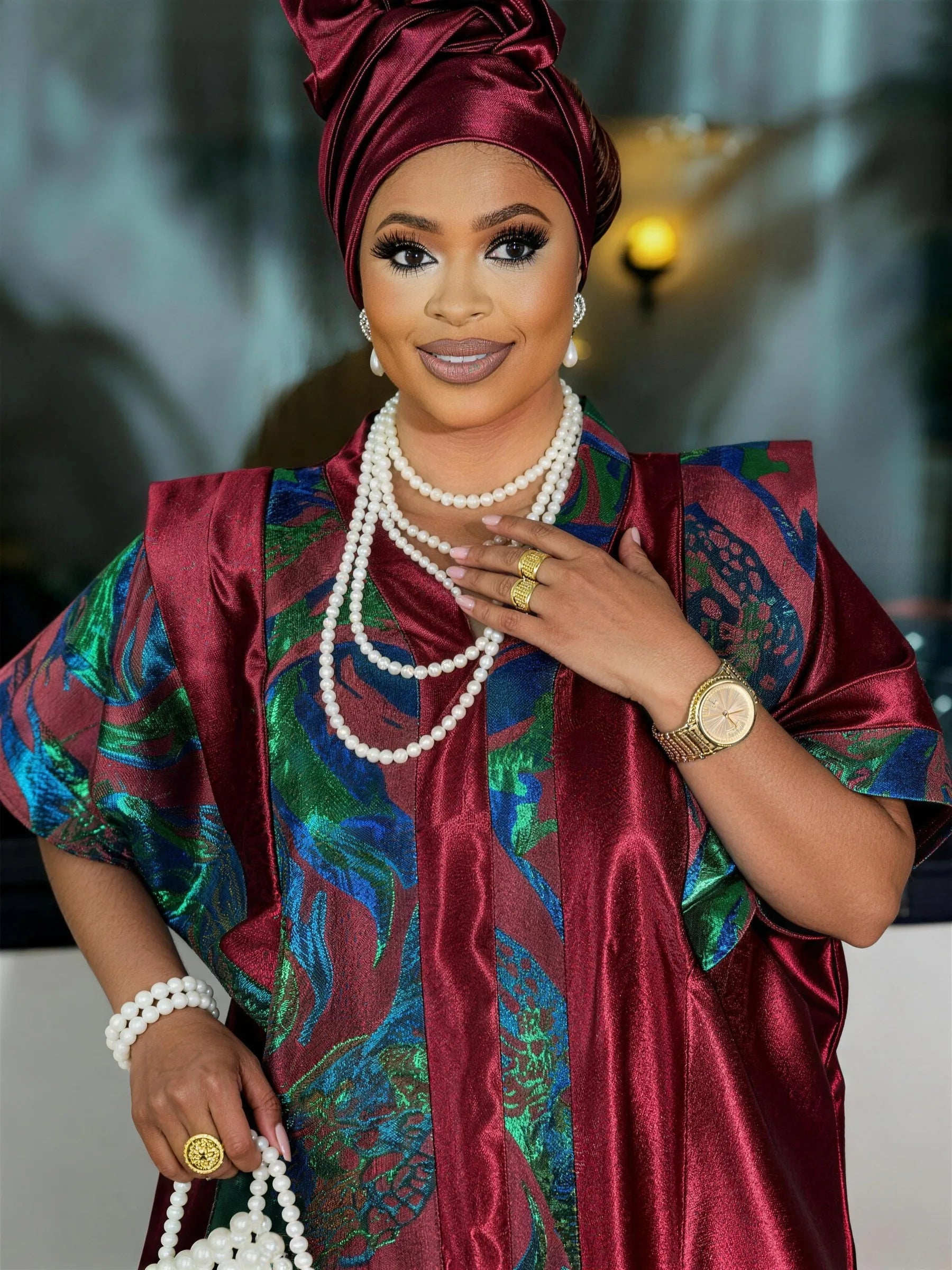African Women Kaftan Loose Fit Jacquard Satin Fabric Waist Tie Maxi Dress Plus Size