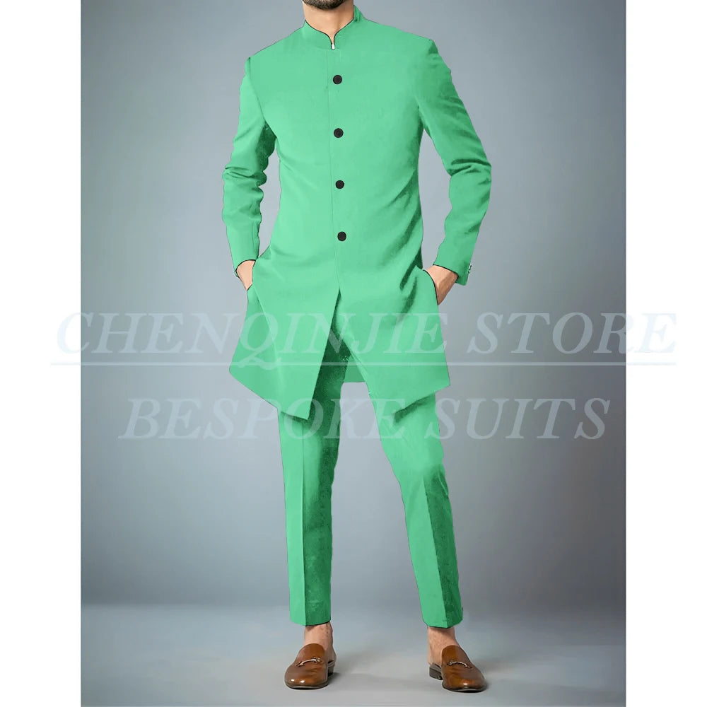 Costumes africains à simple boutonnage pour hommes, vêtements masculins de haute qualité, veste et pantalon, coupe couvertes, revers debout, bleu marine, tenues 2 pièces