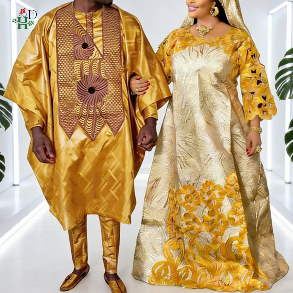 Robes africaines pour couple, tenues assorties or pour femme et homme, broderie traditionnelle Bazin Riche, robe turque, robe de mariage, robe de fête