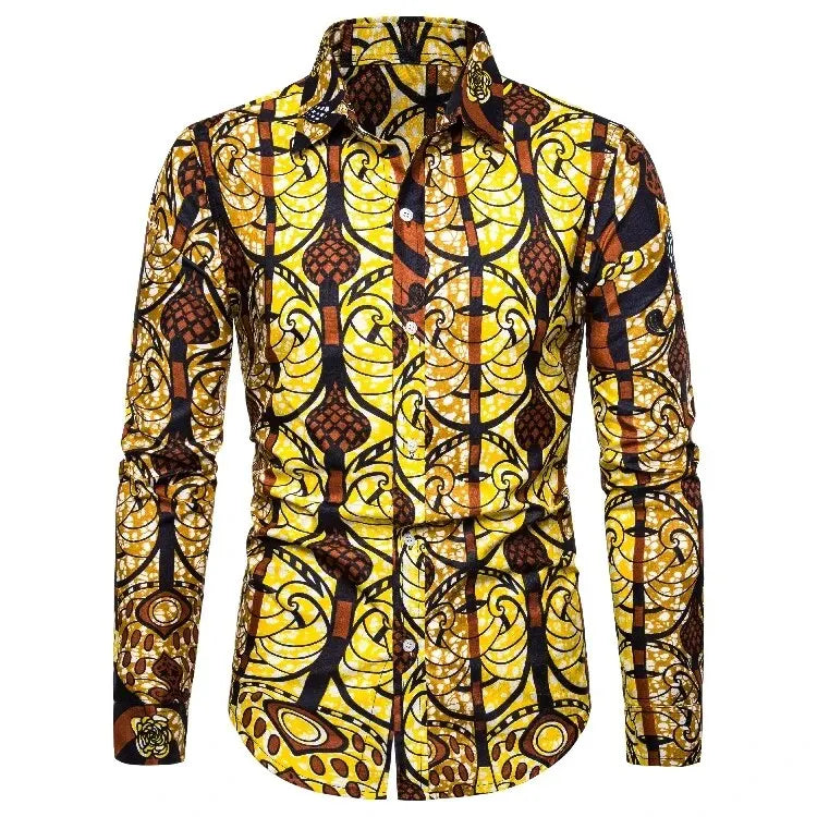 Chemises pour hommes imprimées traditionnelles africaines chemisiers décontractés à simple boutonnage chemise à manches longues Streetwear tendance hauts à revers vêtements pour hommes