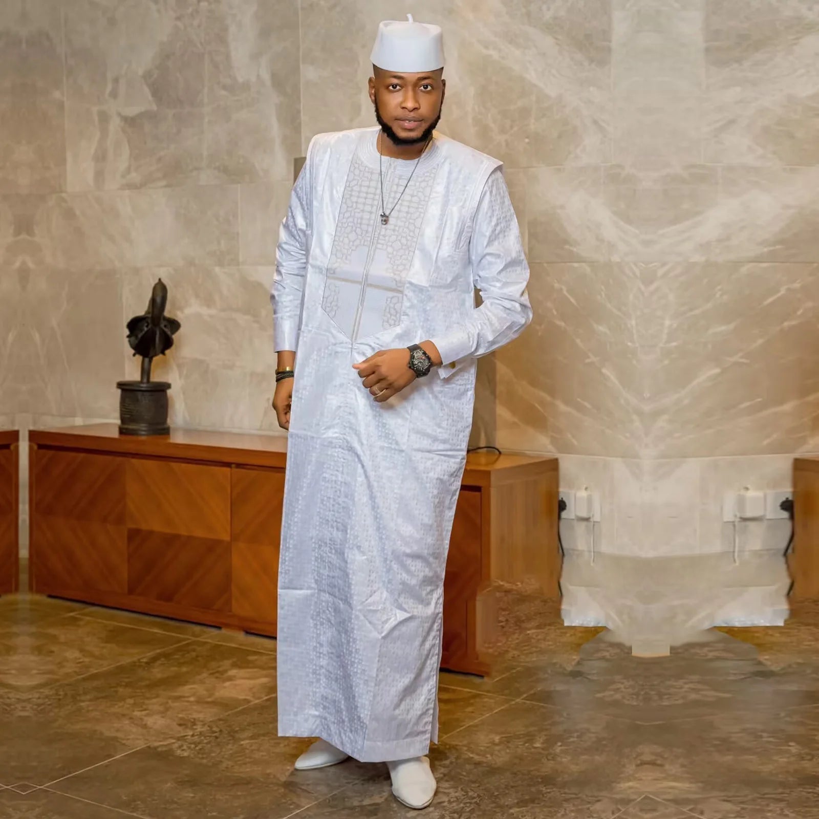 Vêtements africains pour hommes, ensemble traditionnel Bazin Riche brodé, haut à manches longues, 3 pièces