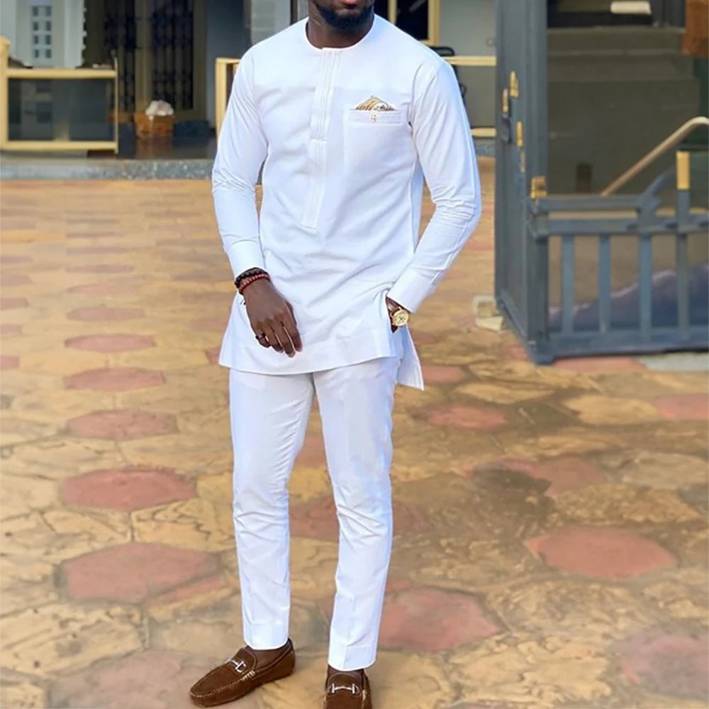 2025 hommes africains Dashiki à manches longues 2 pièces ensemble tenue traditionnelle afrique vêtements blanc hommes costume homme chemise pantalon costumes
