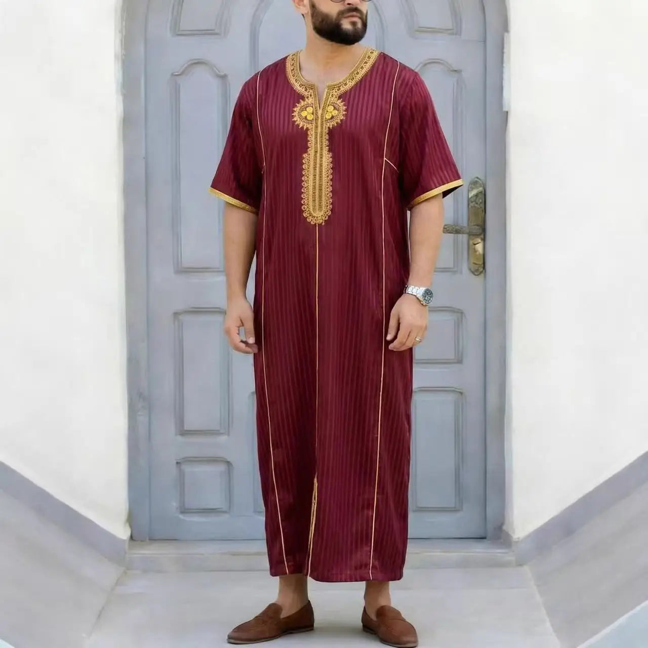 Gandoura marocaine pour hommes musulmans, thobe ample à manches courtes, broderie magnifique, vêtements traditionnels islamiques confortables pour hommes, pour les fêtes