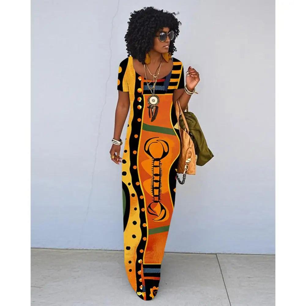African Ethnic Print Dress For Women Summer Retro Literary Slim Dress Fashionable Daily Travel Loose Short-sleeved Long Dress
