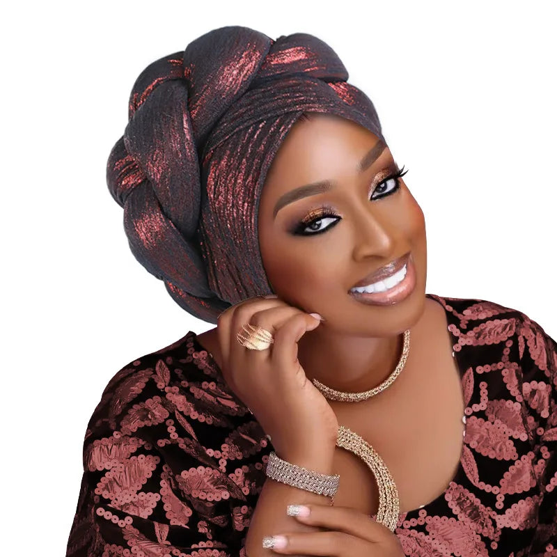 Auto Gele-Turban Africain pour Femme Musulmane, Cravate de Sauna, Chapeau Rond Plissé, Hijab Aso Oke NigWin, Foulard de Tête