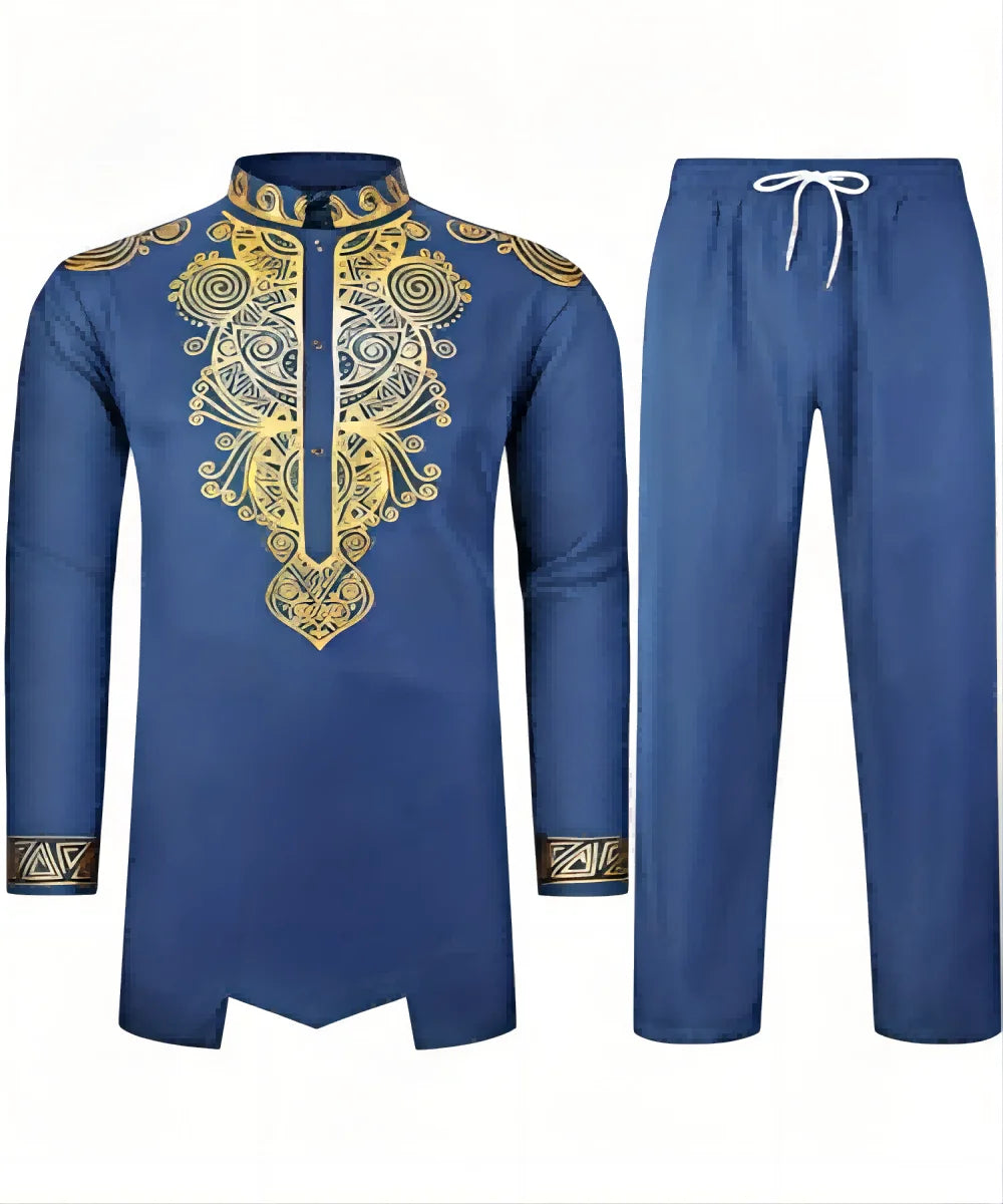 Chemise africaine à manches longues pour hommes, chemise à col chinois imprimé en métal doré, ensemble deux pièces pour Festival National traditionnel de mariage