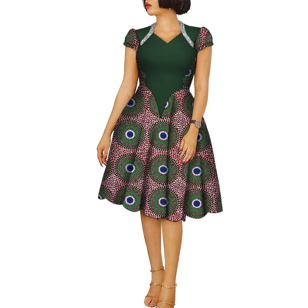 African Dresses for Women Ankara Fashion Patchwork Knee Length Pleated Lady Dresses Vintage Maxi Women V-neck Dress WY9273