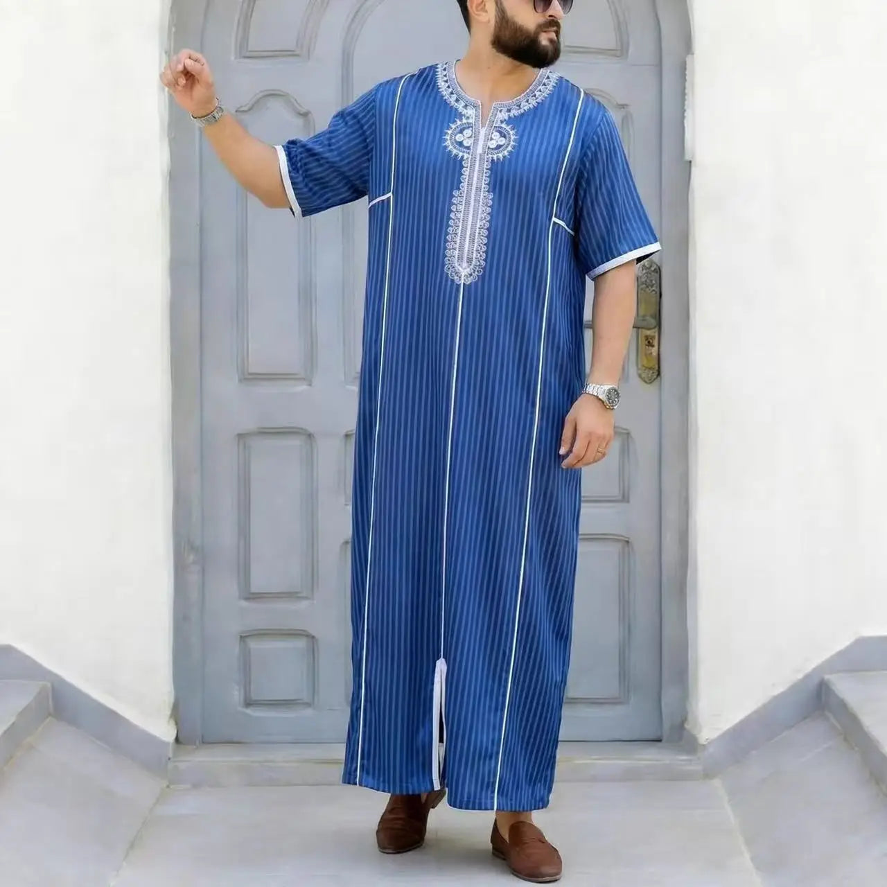 Gandoura marocaine pour hommes musulmans, thobe ample à manches courtes, broderie magnifique, vêtements traditionnels islamiques confortables pour hommes, pour les fêtes