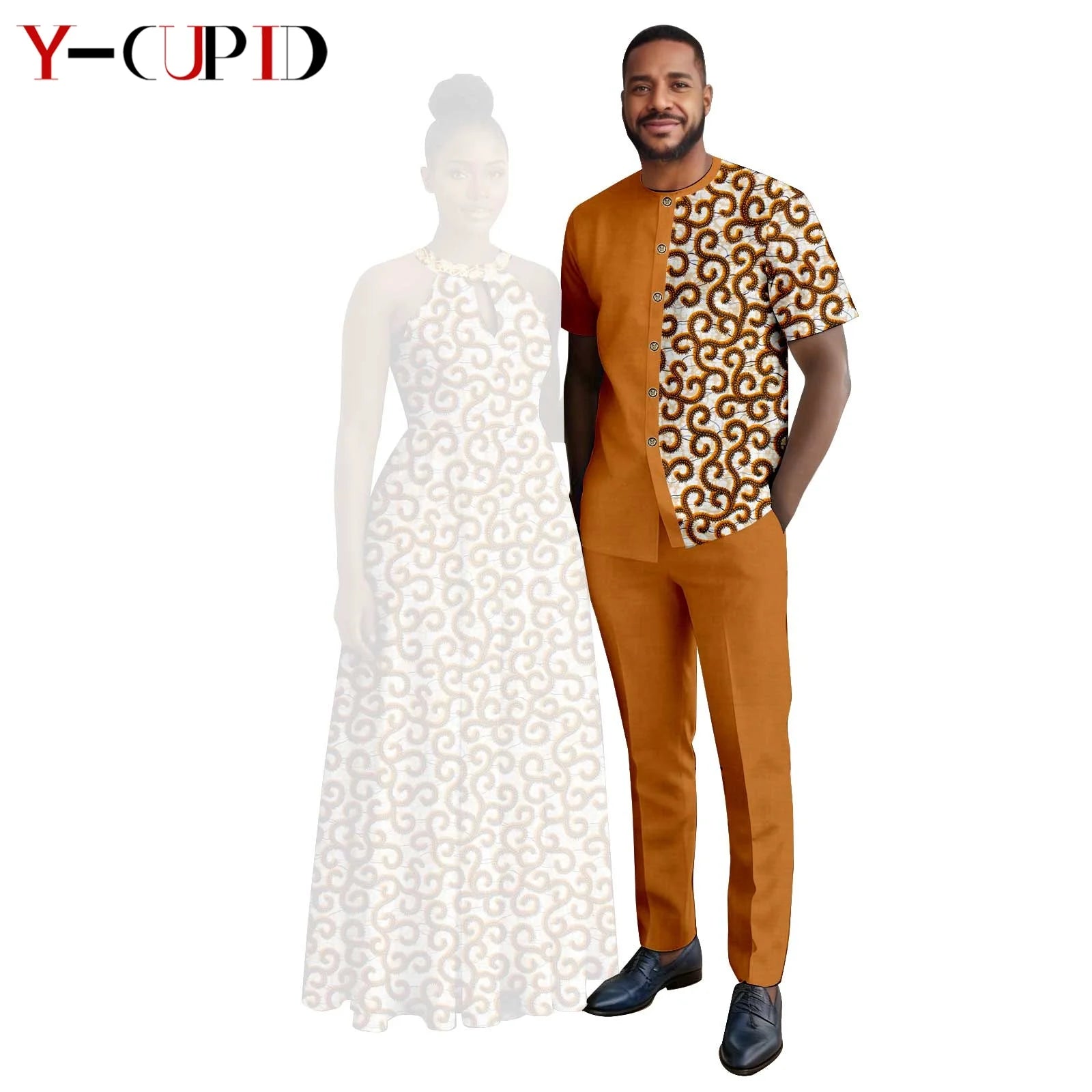 Robes africaines à imprimé Halter pour femmes, tenues assorties pour hommes, ensembles chemise et pantalon, vêtements de couple africains pour fête 26C005