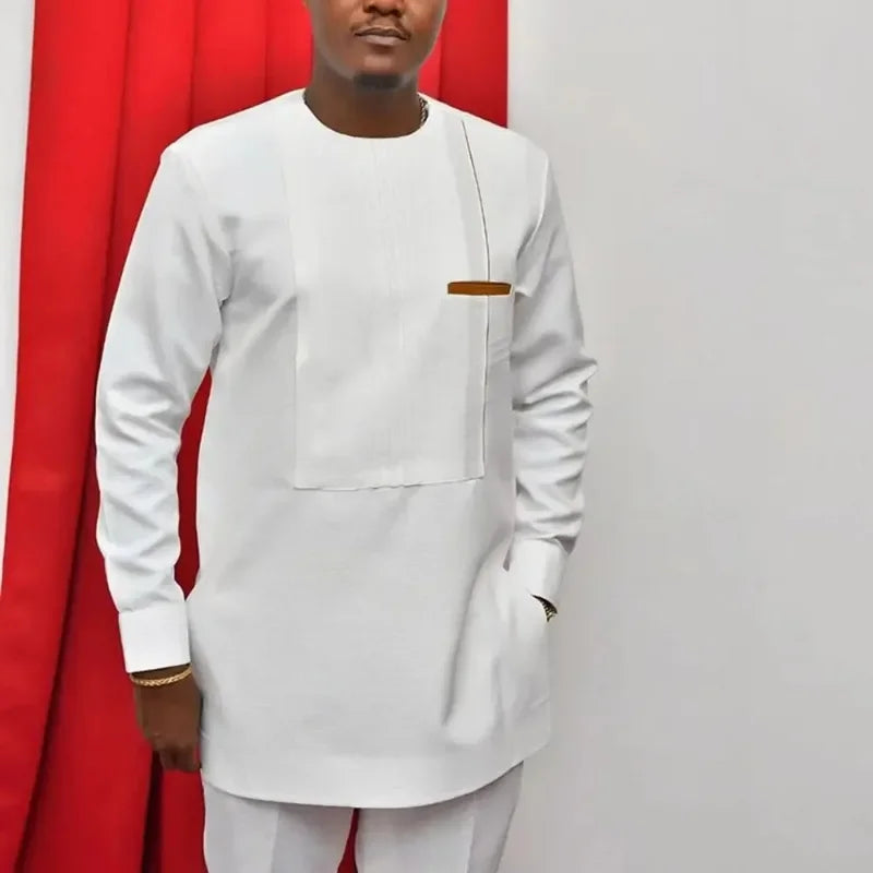 Vêtements africains 2 pièces pour hommes, mode automne, manches longues, col rond, haut blanc, pantalon Long, ensembles assortis, vêtements africains