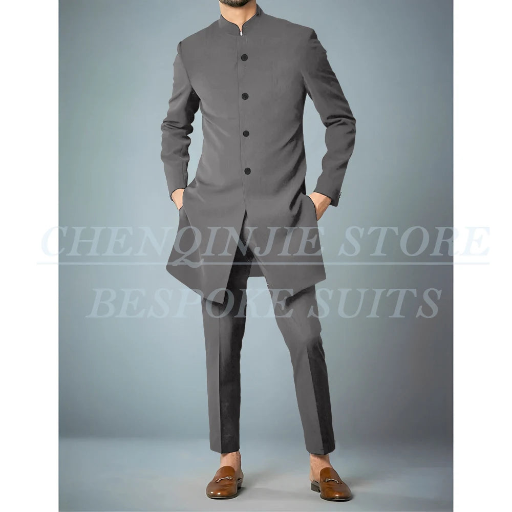 Costumes africains à simple boutonnage pour hommes, vêtements masculins de haute qualité, veste et pantalon, coupe couvertes, revers debout, bleu marine, tenues 2 pièces
