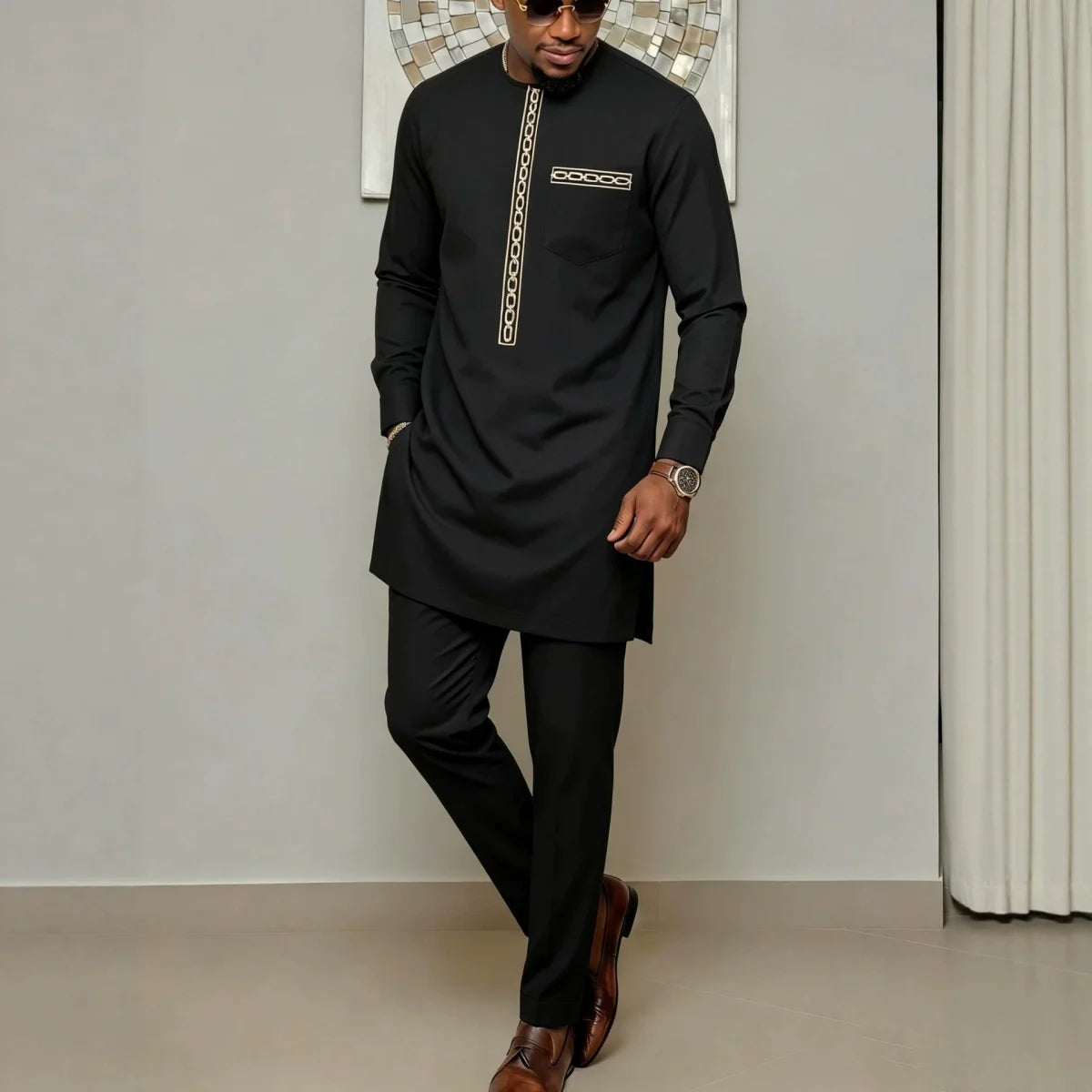 Costume traditionnel africain pour homme, chemise à manches longues de style ethnique imprimée et patchwork, pantalon décontracté, ensemble 2 pièces pour les vacances