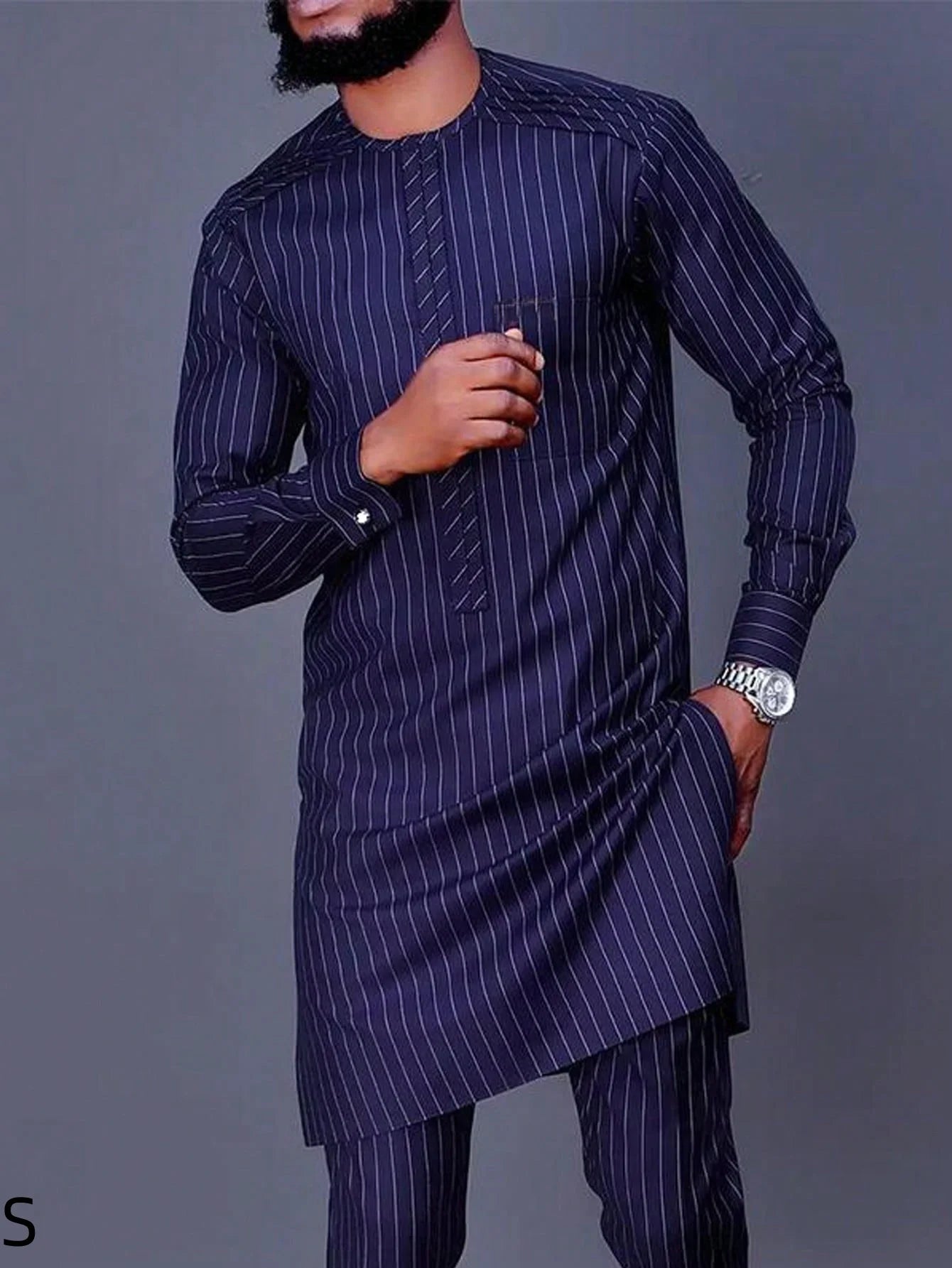 Vêtements pour hommes africains costume deux pièces pantalon ensemble col rond couture couleur unie manches longues Festival Style ethnique social