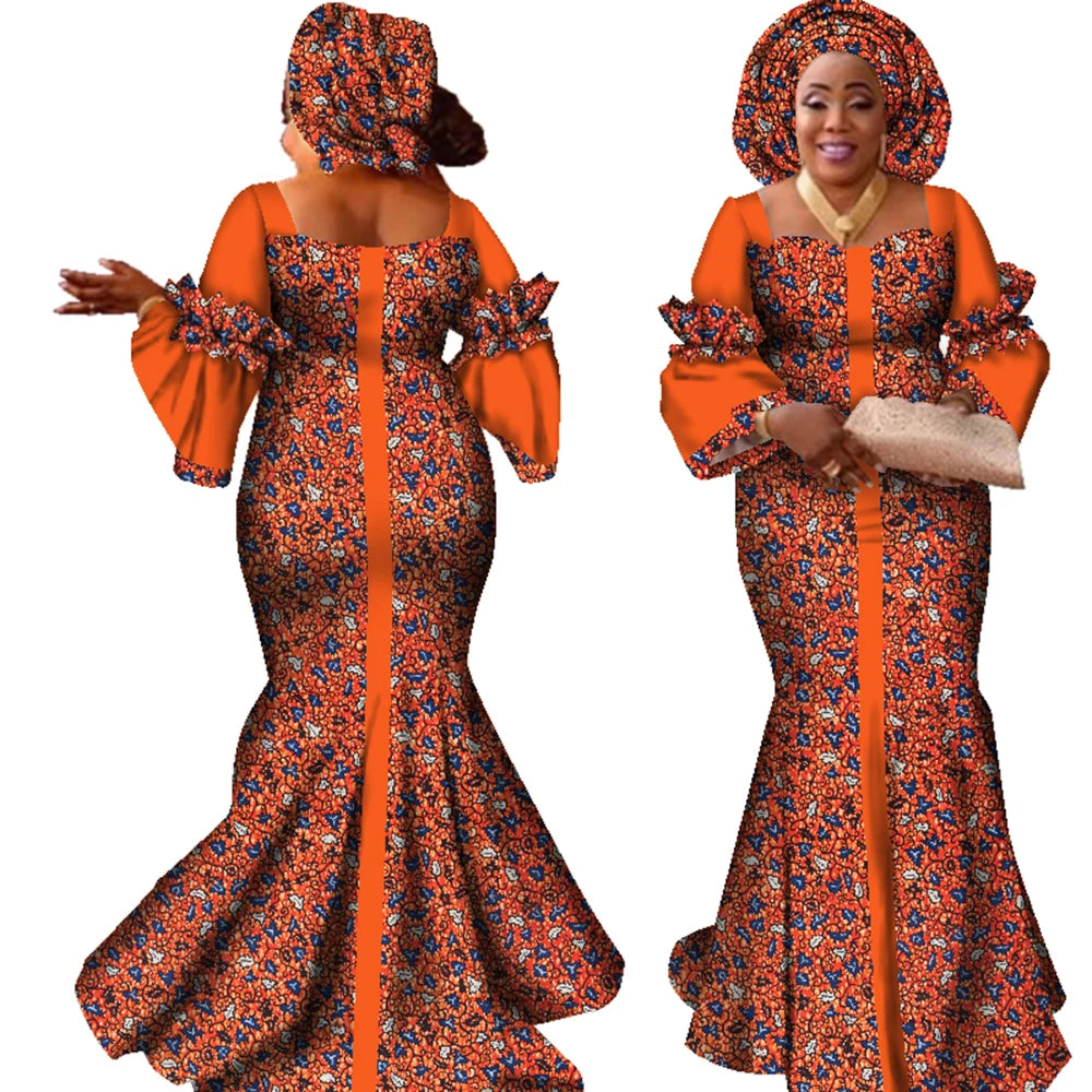 African Dresses for Women Fashion Design New African Bazin Fashion Design Dress Long Dress with Scarf African Clothes WY2347