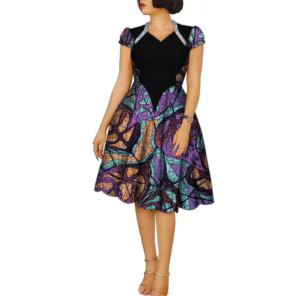 African Dresses for Women Ankara Fashion Patchwork Knee Length Pleated Lady Dresses Vintage Maxi Women V-neck Dress WY9273