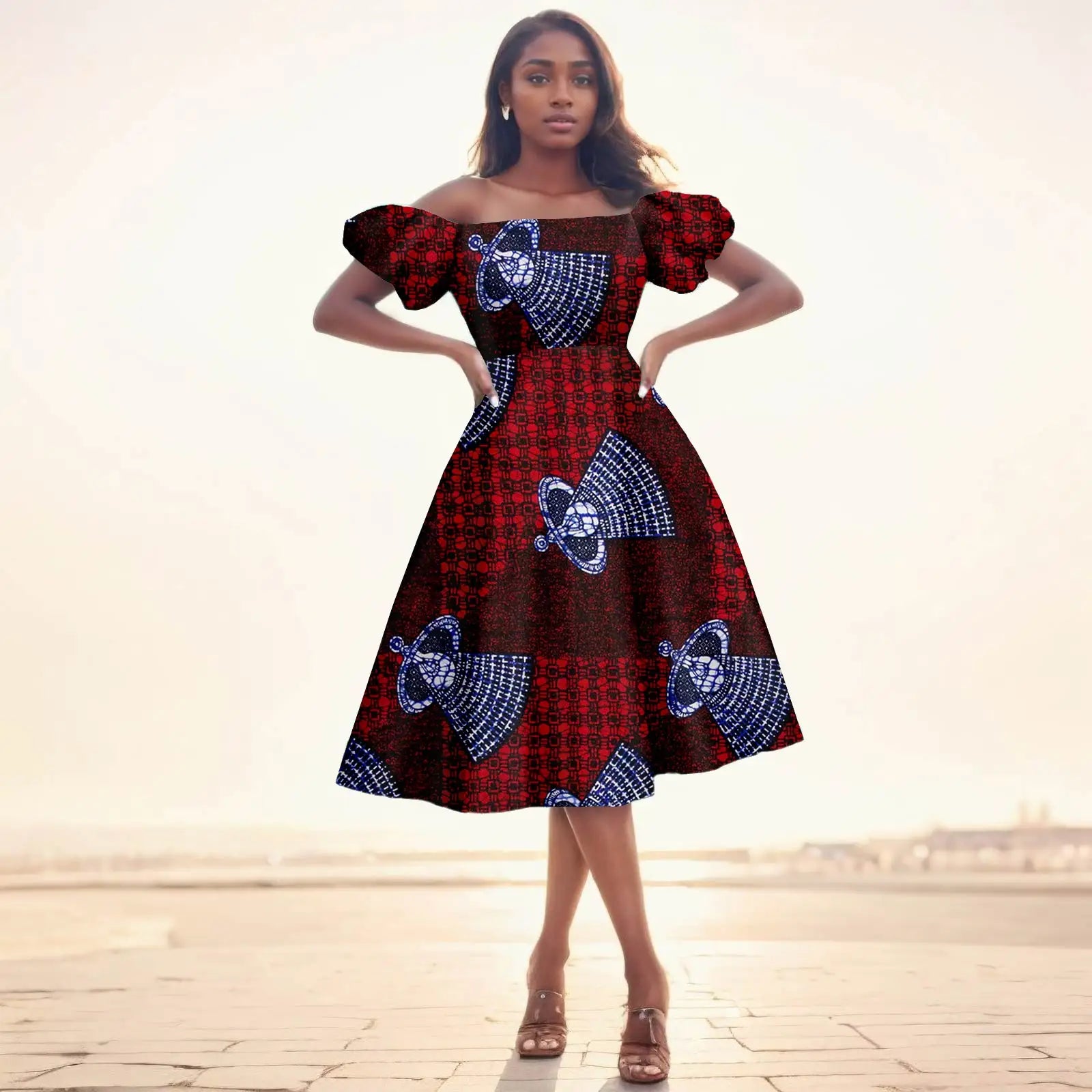 African Dresses for Women Short Sleeve High Waist Print Midi Dress Ankara Attire Traditional Outfit Elegant Fashion Wear 2425102