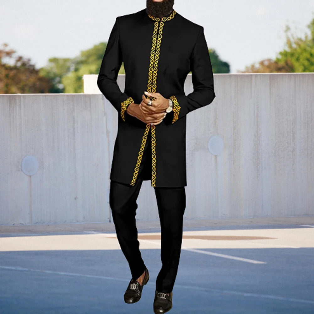 Ensemble Kaftan pour homme, costume Kaunda, haut à col rond à manches longues, pantalon, tenue traditionnelle africaine pour homme, ensemble de vêtements 2 pièces, ensembles de mariage, décontracté