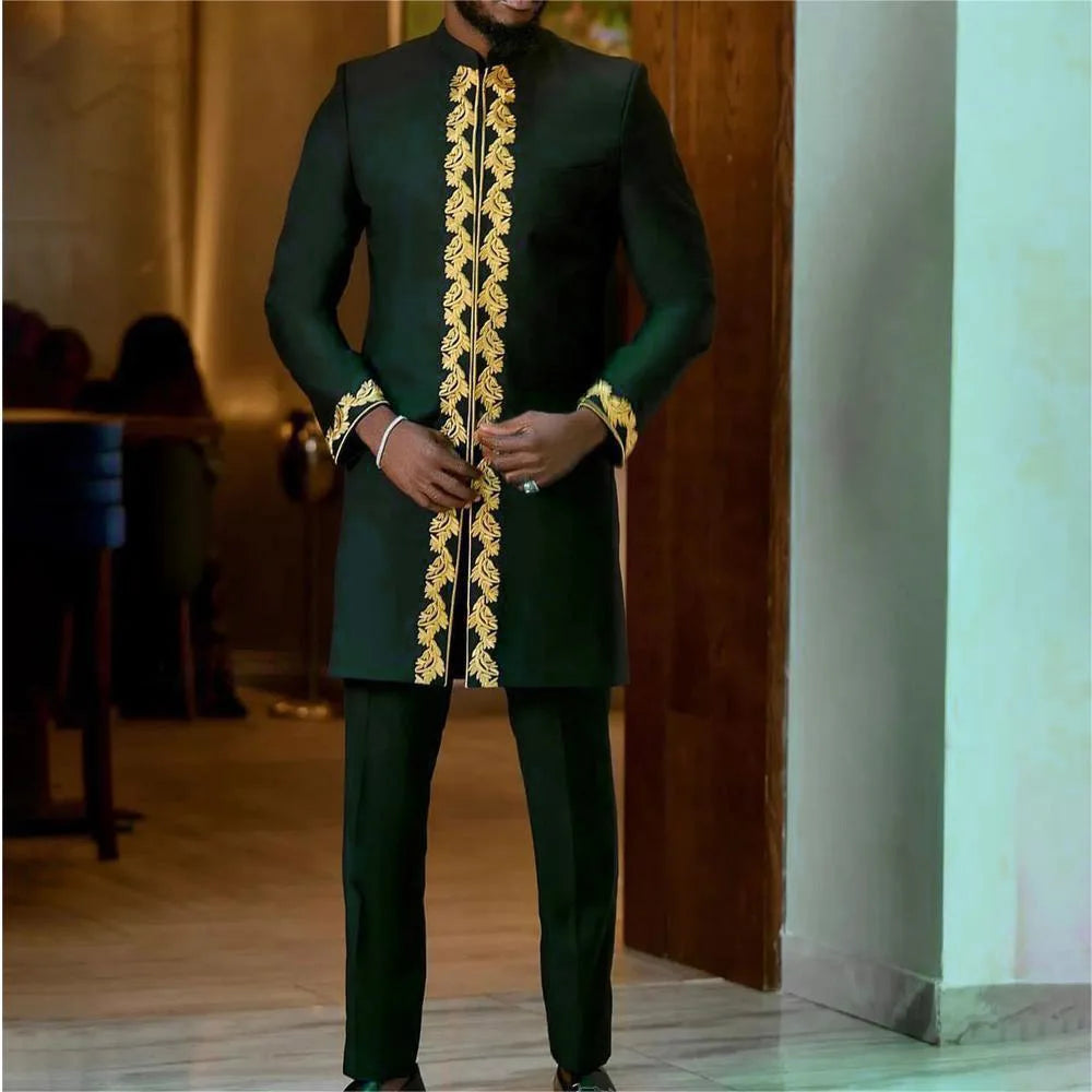 Ensemble Kaftan pour homme, costume Kaunda, haut à col rond à manches longues, pantalon, tenue traditionnelle africaine pour homme, ensemble de vêtements 2 pièces, ensembles de mariage, décontracté