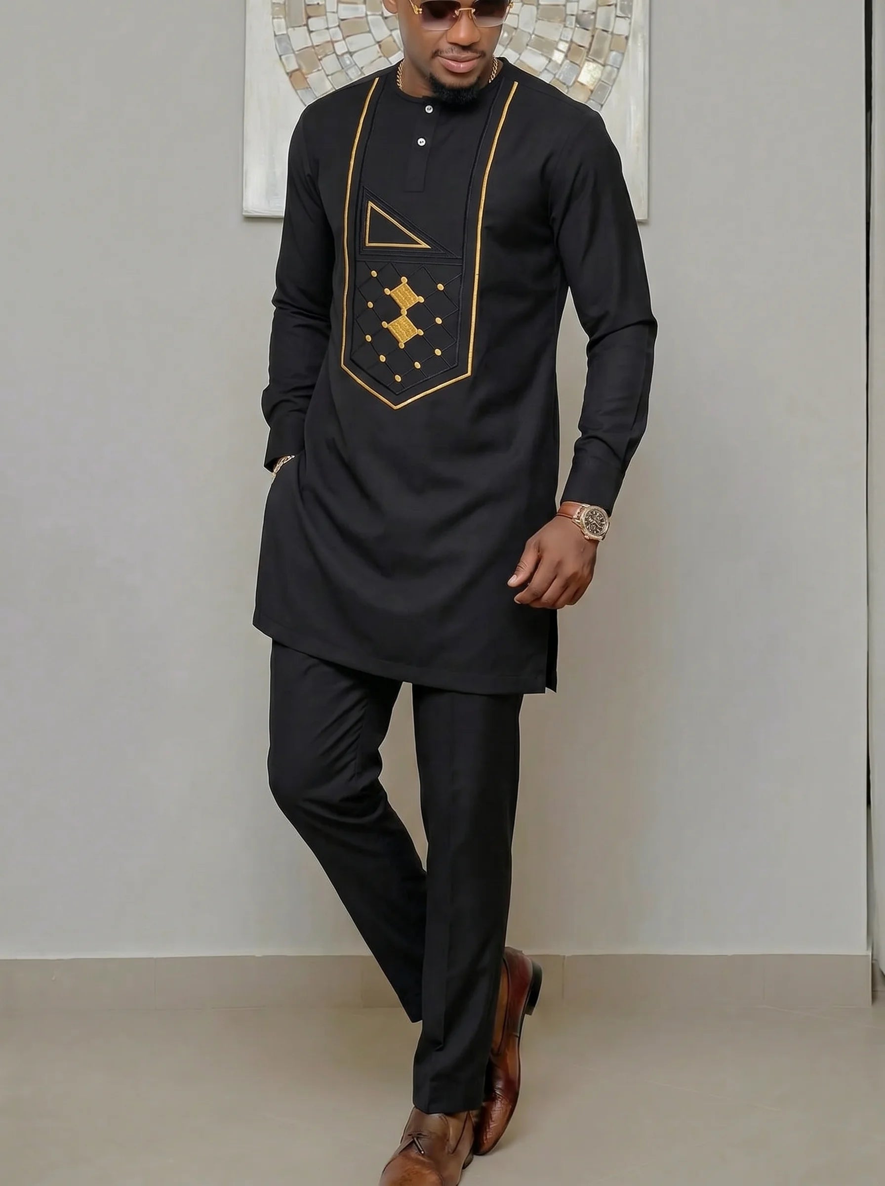 Ensemble Kaftan pour homme, costume Kaunda, haut à col rond à manches longues, pantalon, tenue traditionnelle africaine pour homme, ensemble de vêtements 2 pièces, ensembles de mariage, décontracté