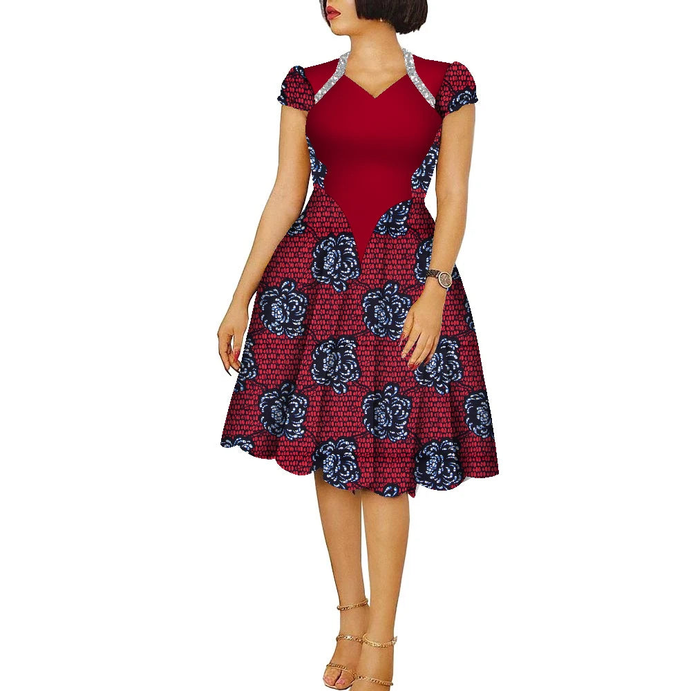 African Dresses for Women Ankara Fashion Patchwork Knee Length Pleated Lady Dresses Vintage Maxi Women V-neck Dress WY9273
