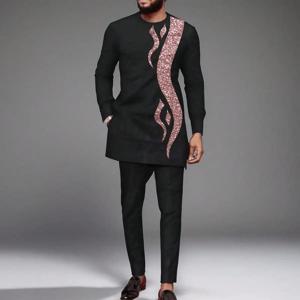 Costume traditionnel africain pour homme, chemise à manches longues de style ethnique imprimée et patchwork, pantalon décontracté, ensemble 2 pièces pour les vacances