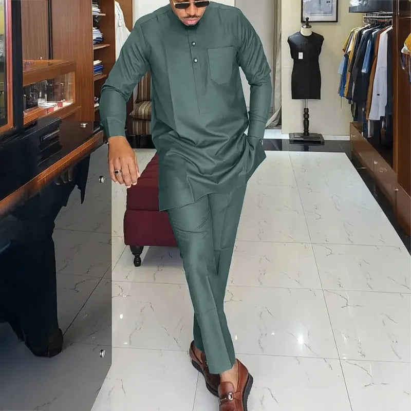 Costume de mariage traditionnel africain musulman pour homme, ensemble 2 pièces, haut à col rond à manches longues et pantalon, tenue formelle pour le marié118