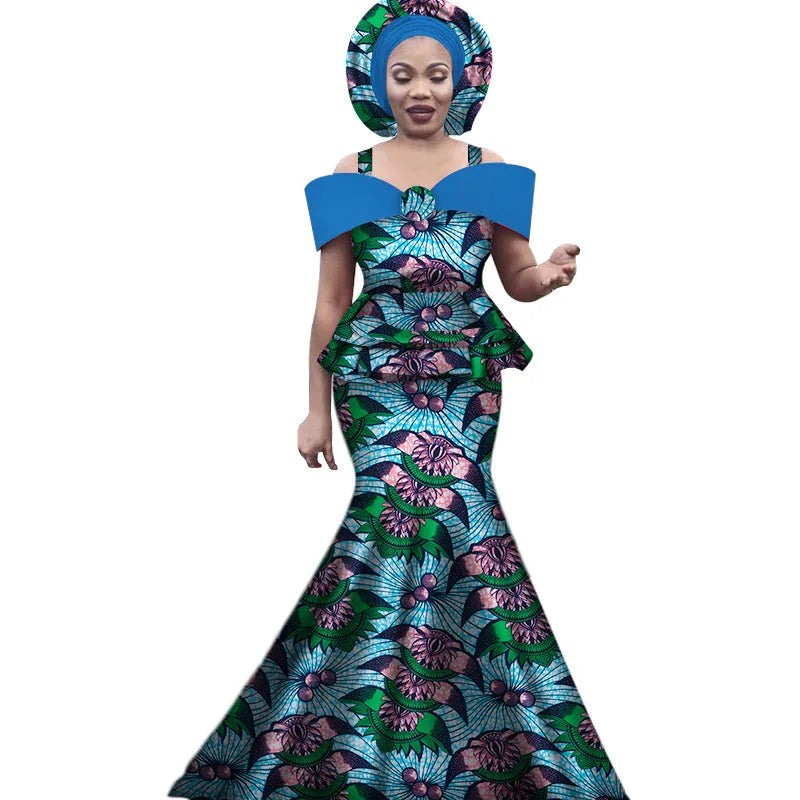 African Outfits with Headtie for Women Dashiki Bazin Print Strap Tops and Long Skirts Women Set African Clothing WY3113