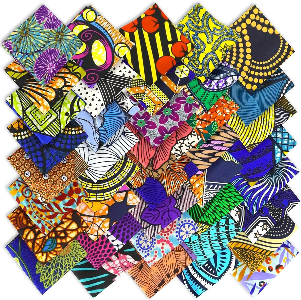 50 Pièces de Tissu Africain Imprimé Wax à Motifs Ethniques Pré-découpés pour la Couture, le Patchwork et les Projets Artisanaux, 3,9*3,9 Pouces