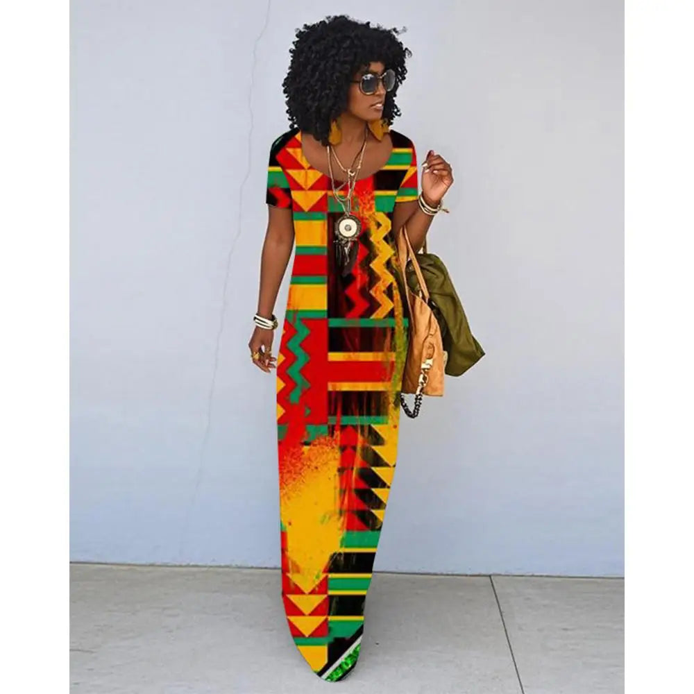 African Ethnic Print Dress For Women Summer Retro Literary Slim Dress Fashionable Daily Travel Loose Short-sleeved Long Dress