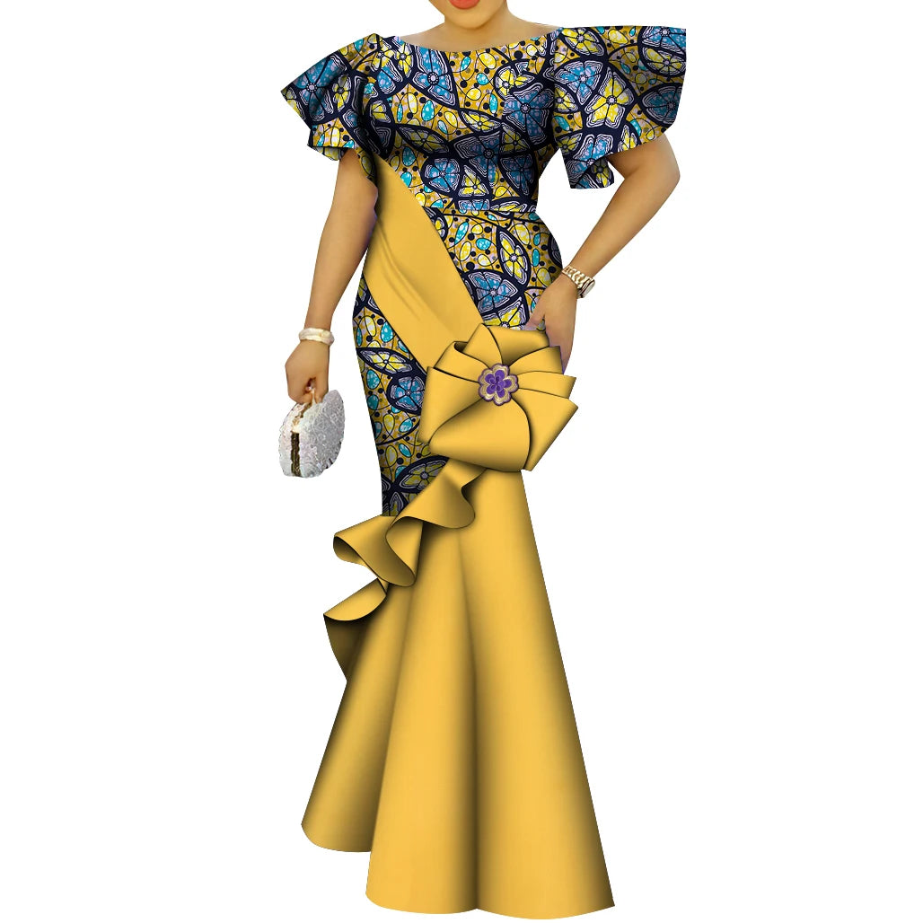 African Women's Dress Elegant Ladies Evening Gowns Ankara Long Robes Flower Dresses Vestidos Church Dresses for Women WY9498
