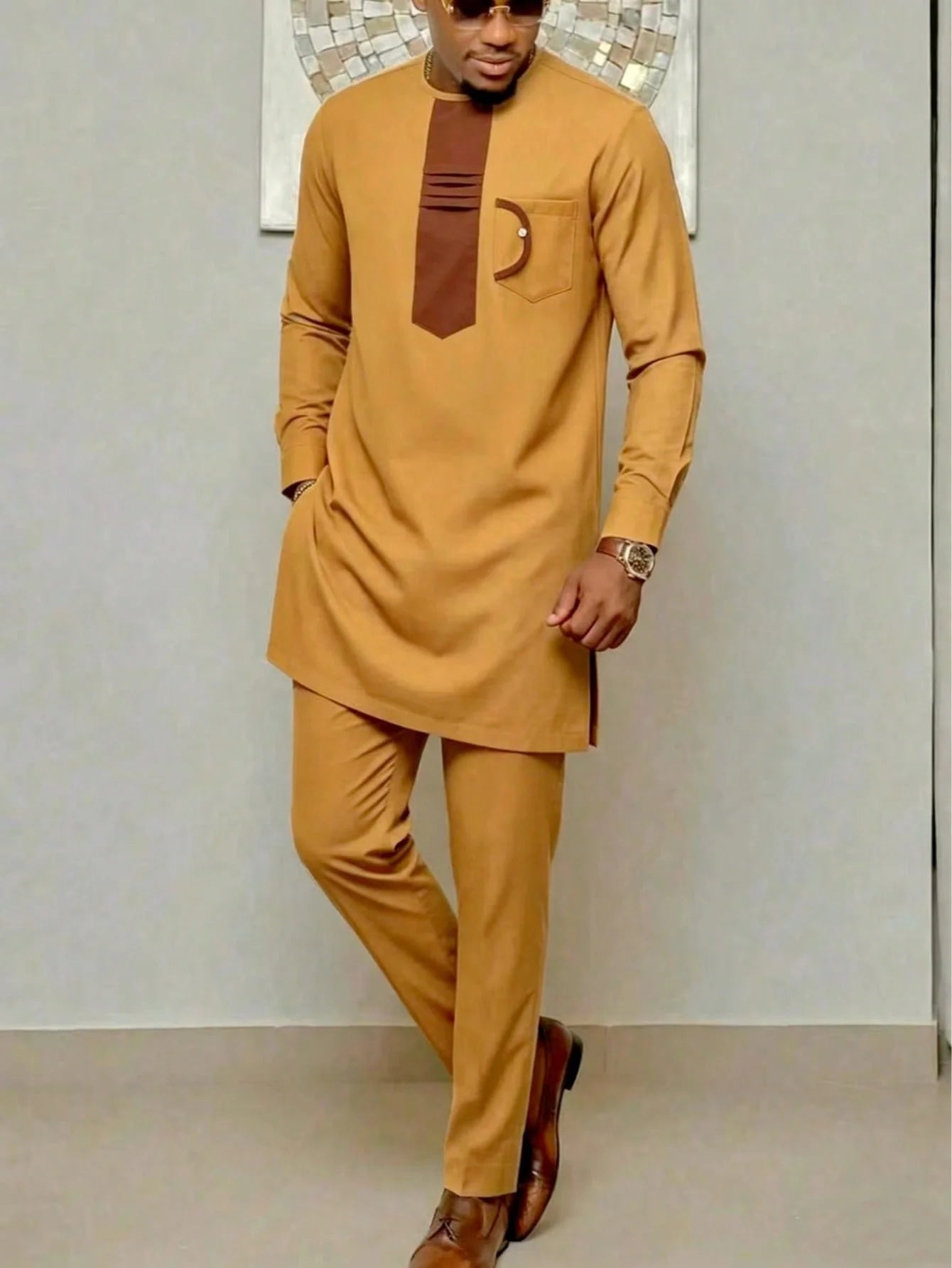 Ensemble Kaftan pour homme, costume Kaunda, haut à col rond à manches longues, pantalon, tenue traditionnelle africaine pour homme, ensemble de vêtements 2 pièces, ensembles de mariage, décontracté