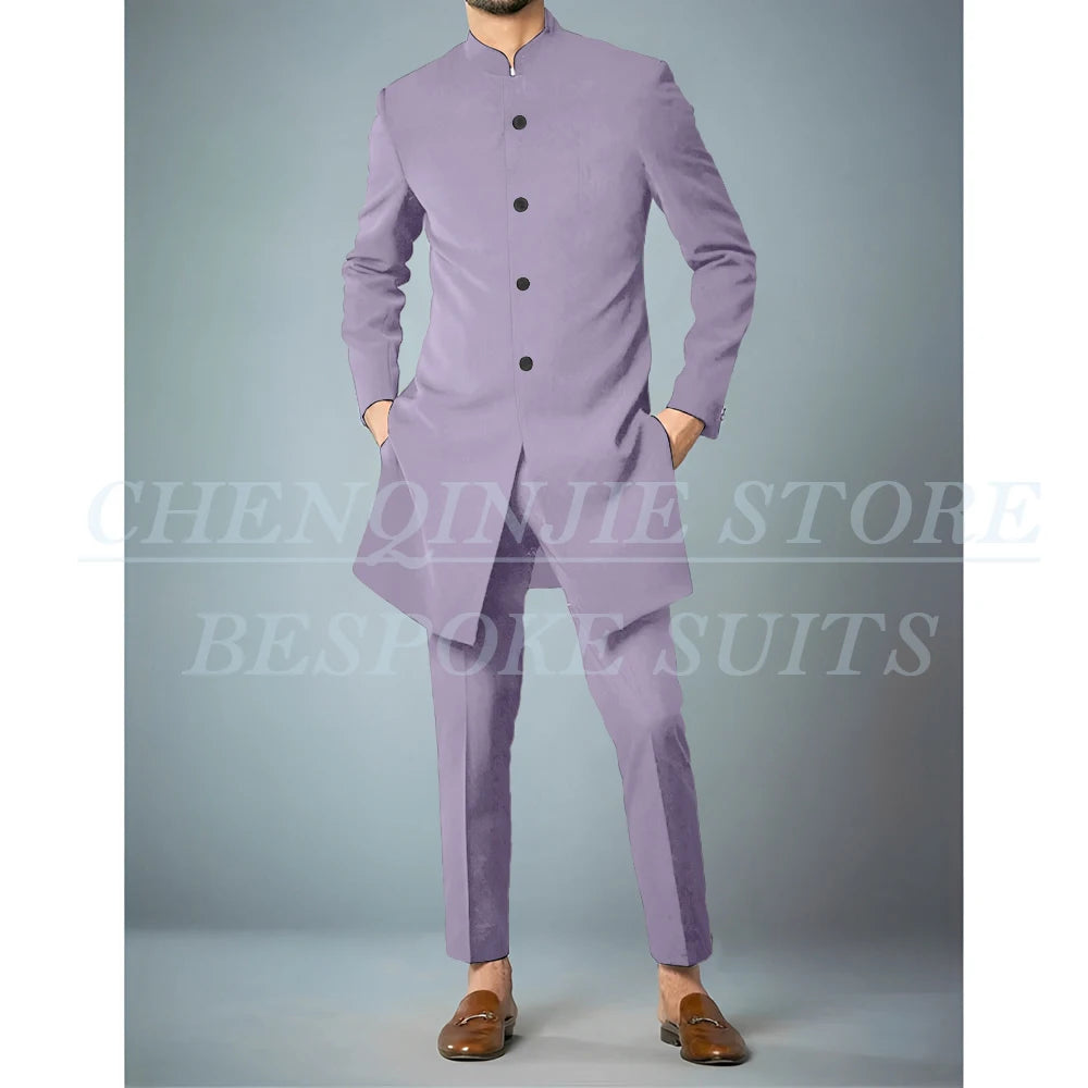 Costumes africains à simple boutonnage pour hommes, vêtements masculins de haute qualité, veste et pantalon, coupe couvertes, revers debout, bleu marine, tenues 2 pièces