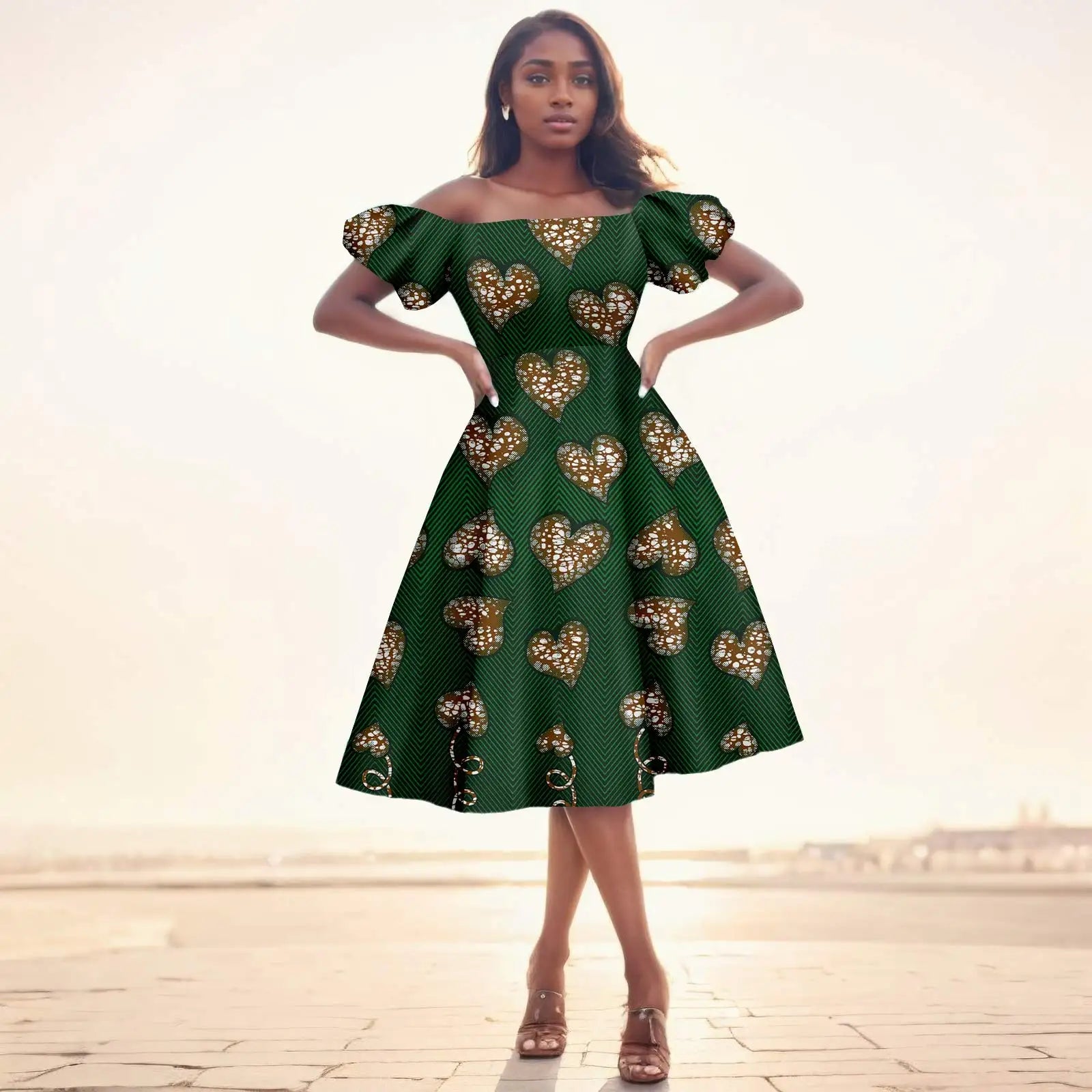 African Dresses for Women Short Sleeve High Waist Print Midi Dress Ankara Attire Traditional Outfit Elegant Fashion Wear 2425102