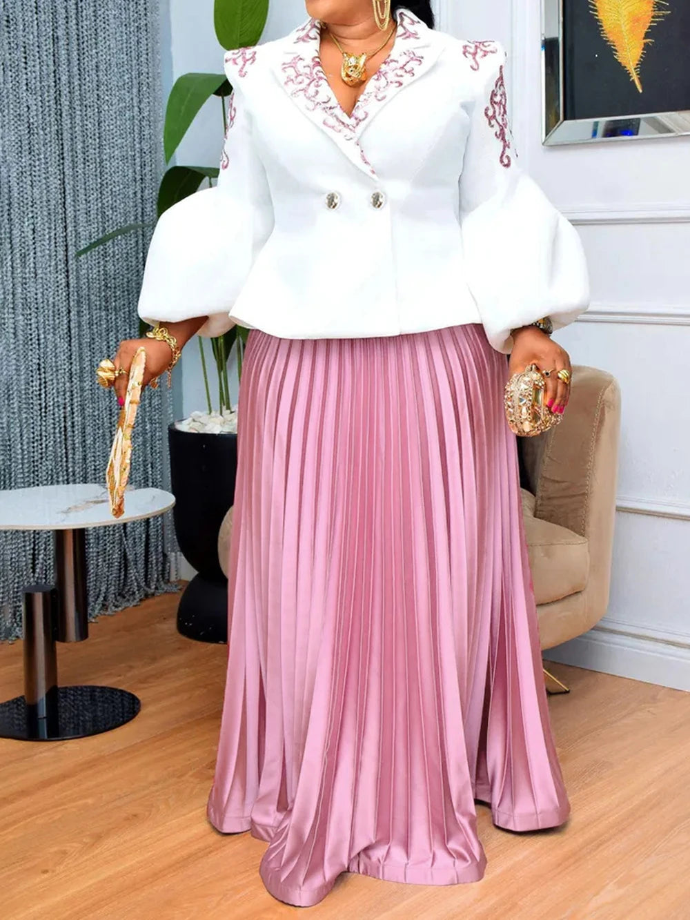 African Clothes For Women 2 Piece Matching Long Sleeve Tops And Pleated Skirt Suit Party Evening Dress Wedding Guest Attire Robe