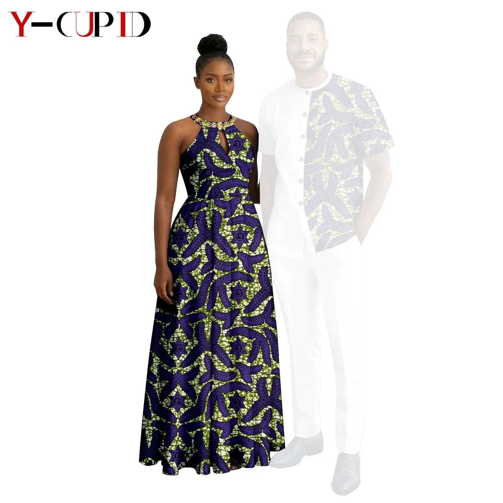 Robes africaines à imprimé Halter pour femmes, tenues assorties pour hommes, ensembles chemise et pantalon, vêtements de couple africains pour fête 26C005