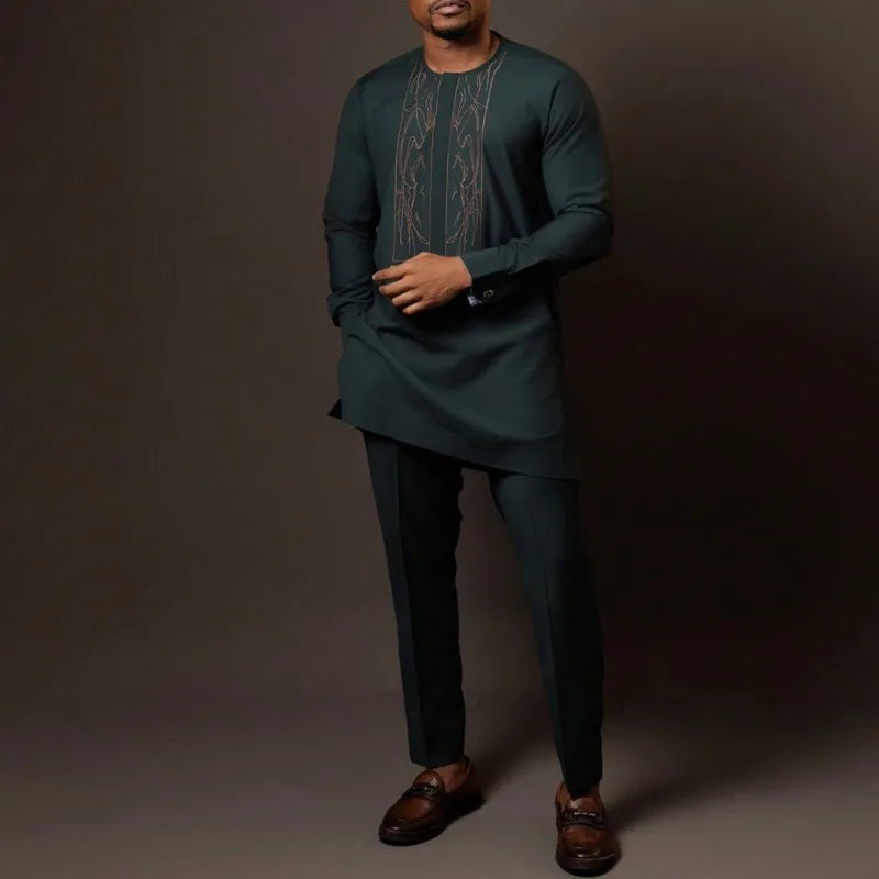 Costume de mariage traditionnel africain musulman pour homme, ensemble 2 pièces, haut à col rond à manches longues et pantalon, tenue formelle pour le marié118