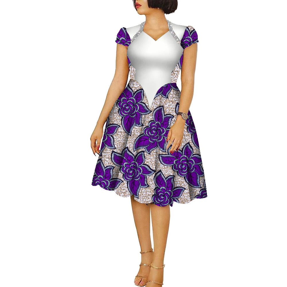 African Dresses for Women Ankara Fashion Patchwork Knee Length Pleated Lady Dresses Vintage Maxi Women V-neck Dress WY9273